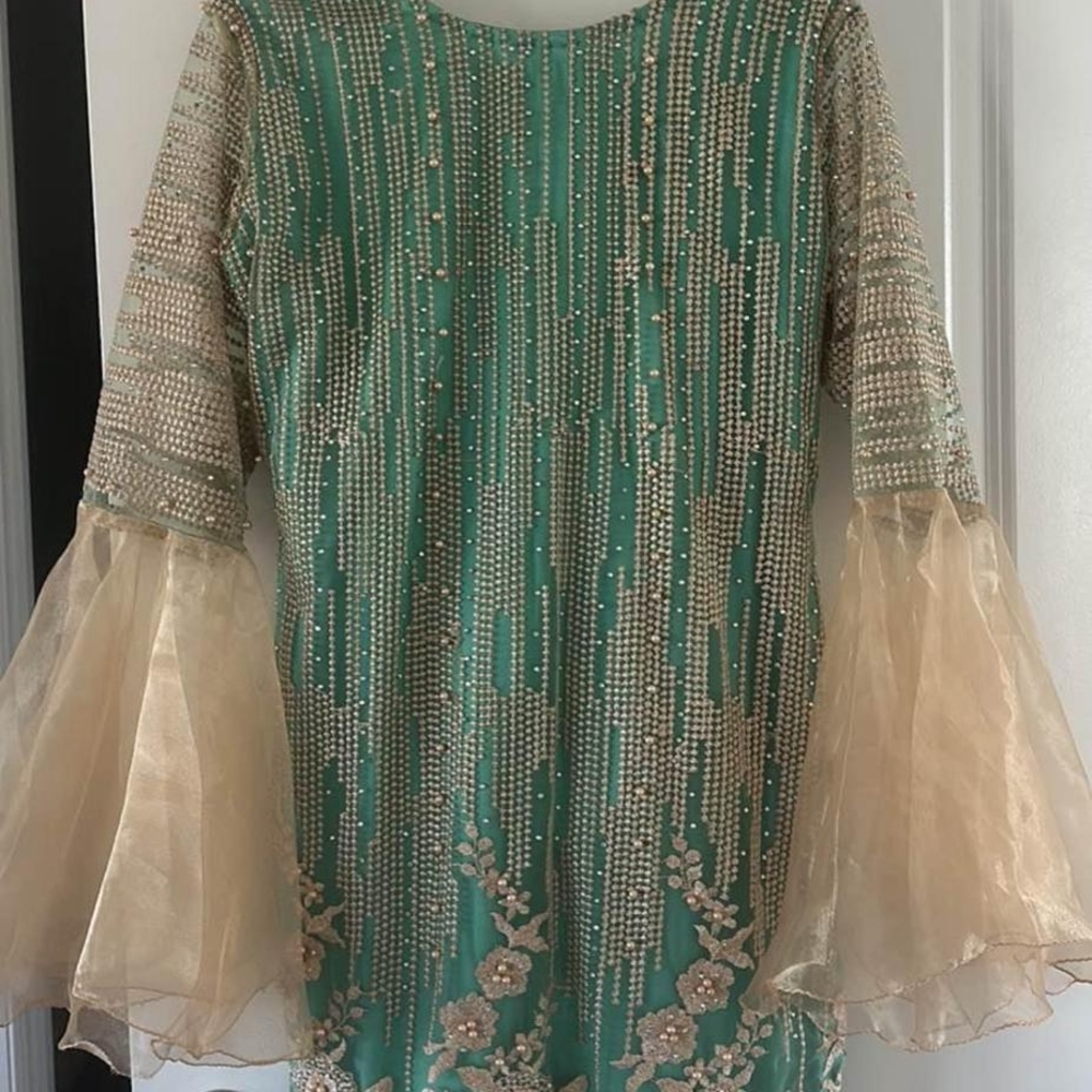 Chic Green Dress with Gold Beadwork and Bell Sleeves Pakistani 3 Piece
